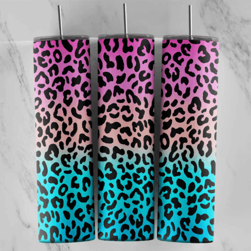 A leopard print tumbler wrap with black spots over an ombre that fades from pink at the top to turquoise at the bottom. Sublimation design