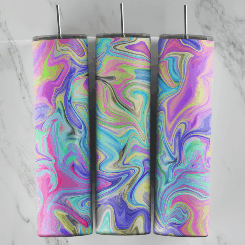 A full 20 oz skinny tumbler wrap with neon marble swirls in pink, purple, blue, green and yellow with dark outlines. Sublimation design