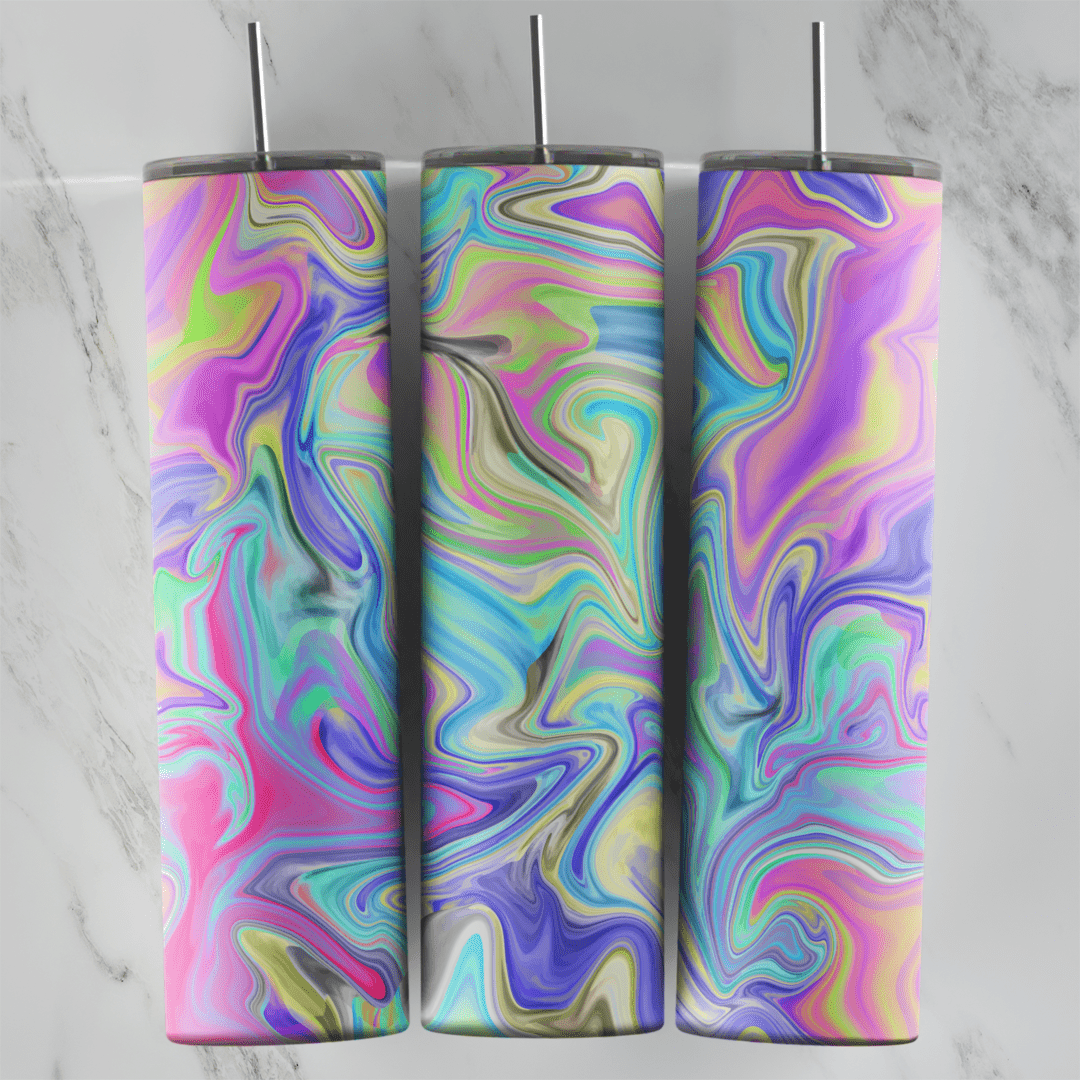 A full 20 oz skinny tumbler wrap with neon marble swirls in pink, purple, blue, green and yellow with dark outlines. Sublimation design