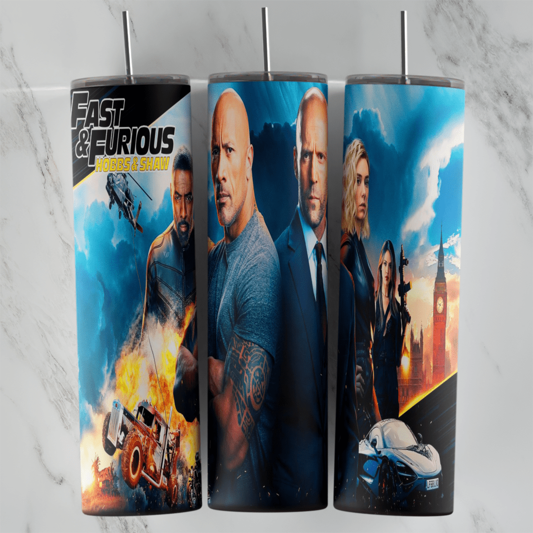 A blue Fast and Furious Hobbs and Shaw tumbler wrap: the main characters as a poster collage with a helicopter, a burning car. Sublimation design