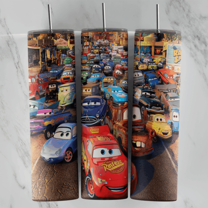 A full 20 oz skinny tumbler wrap of Lightning McQueen in front of a packed crowd of Cars characters with Sally, Mater and shops. Sublimation design
