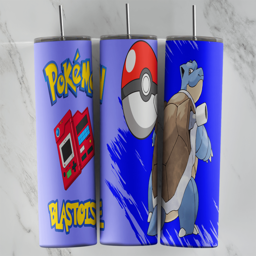 A 20 oz skinny tumbler wrap on purple and blue: Blastoise, a Poke Ball, a red Pokedex, the Pokemon logo and the name Blastoise. Sublimation design