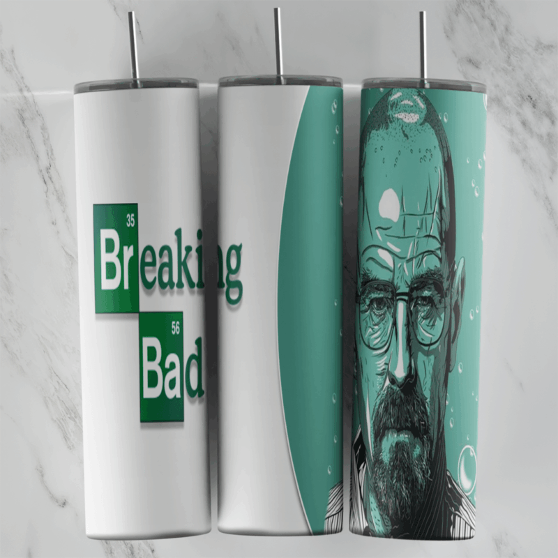 A white 20 oz tumbler wrap with the green Breaking Bad logo and a teal panel holding a sketched portrait of Walter White. Sublimation design