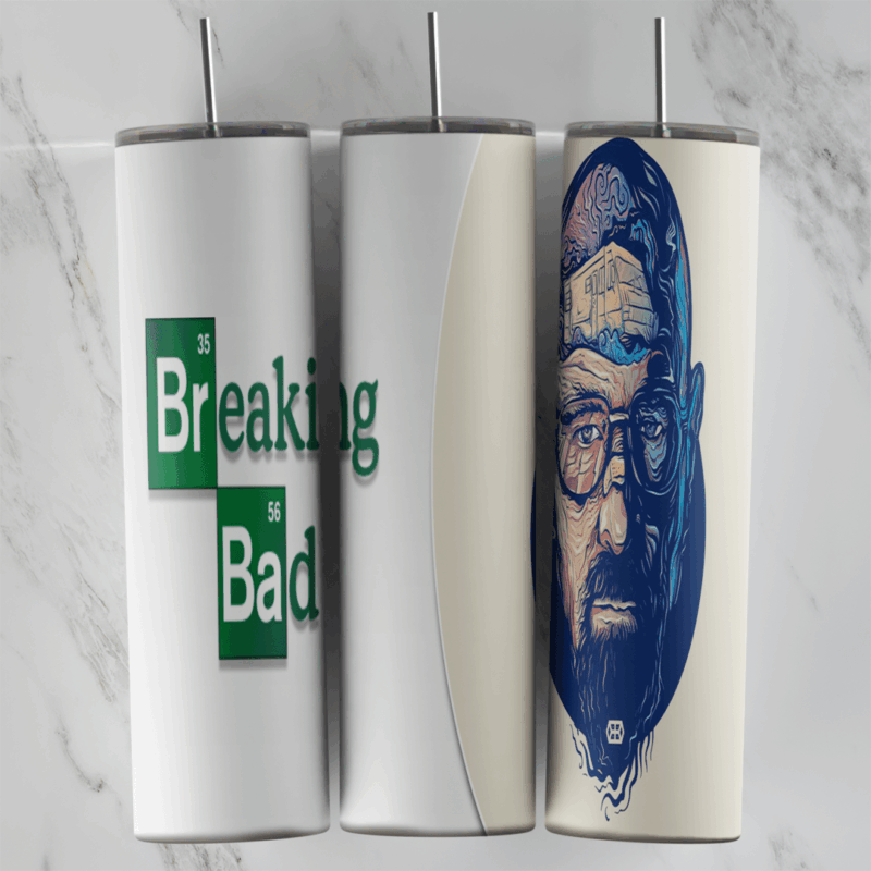 A white 20 oz tumbler wrap with the green Breaking Bad periodic table logo and a blue line art portrait of Walter White. Sublimation design
