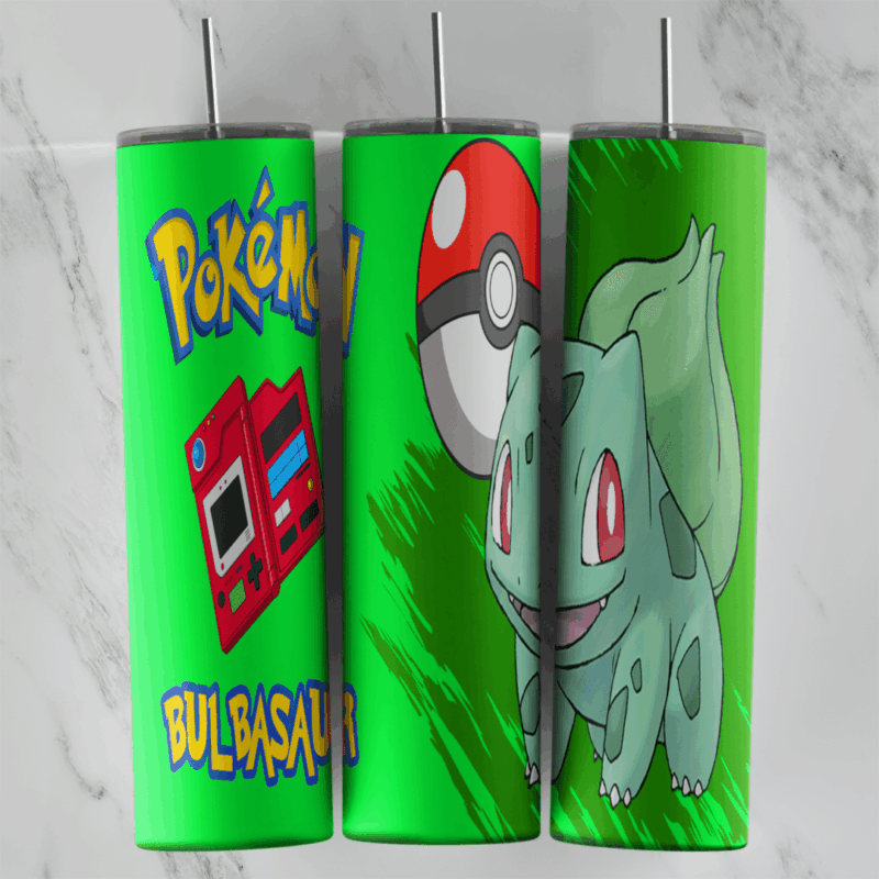 A 20 oz skinny tumbler wrap on bright green: Bulbasaur, a Poke Ball, a red Pokedex, the Pokemon logo and the name Bulbasaur. Sublimation design