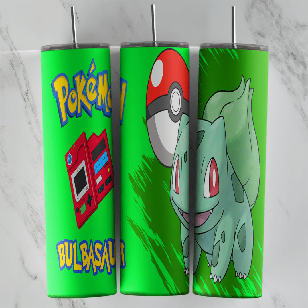 A 20 oz skinny tumbler wrap on bright green: Bulbasaur, a Poke Ball, a red Pokedex, the Pokemon logo and the name Bulbasaur. Sublimation design