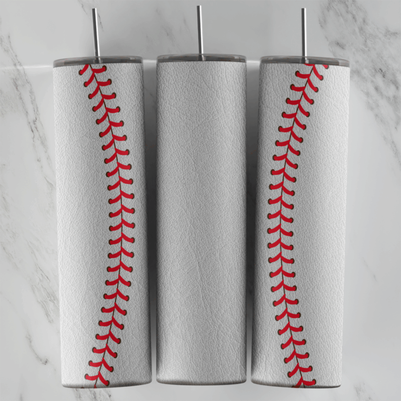 A 20 oz skinny tumbler wrap made to look like a white leather baseball, with curved red stitching running down both sides. Sublimation design