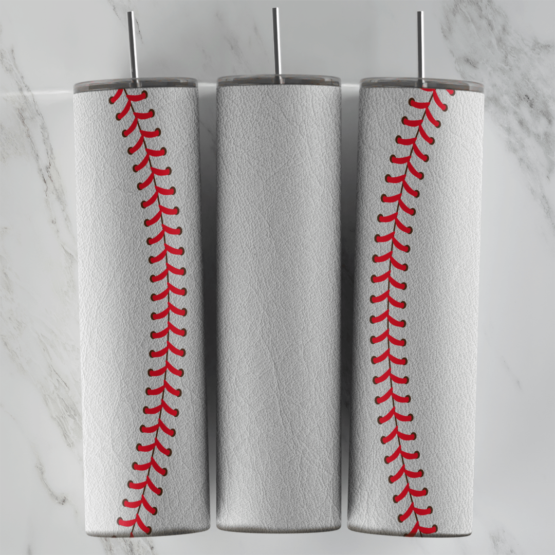 A 20 oz skinny tumbler wrap made to look like a white leather baseball, with curved red stitching running down both sides. Sublimation design