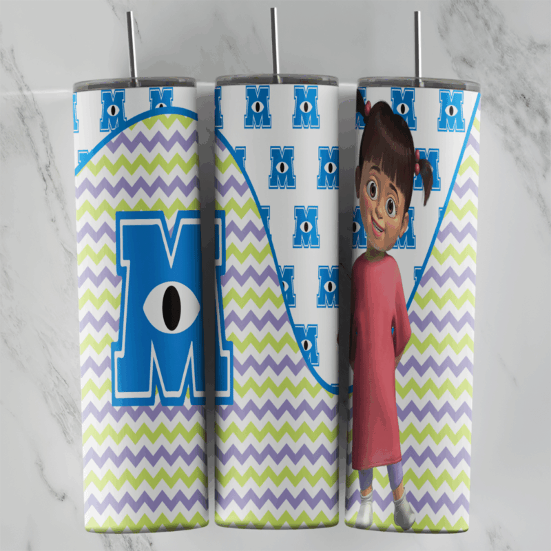A Monsters Inc tumbler wrap: the blue Monsters Inc M logo on a white panel of small logos, a purple and green chevron zigzag. Sublimation design