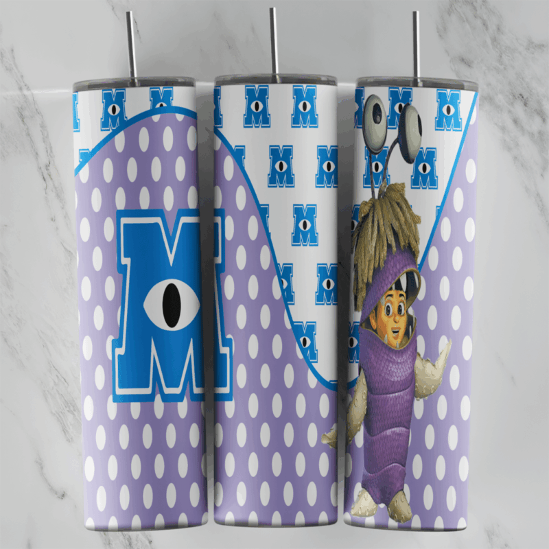 A Monsters Inc tumbler wrap: the blue Monsters Inc M logo on a white panel of small logos, a purple polka dot background and Boo. Sublimation design