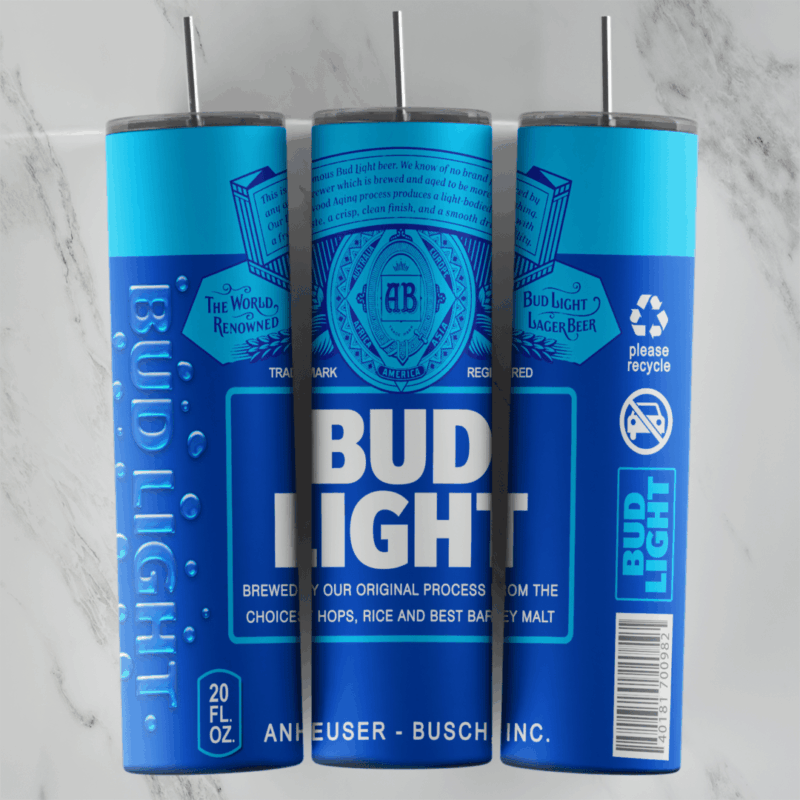 A 20 oz skinny tumbler wrap styled as a blue Bud Light can: the Bud Light logo and crest, Anheuser-Busch text, 20 fl oz. Sublimation design