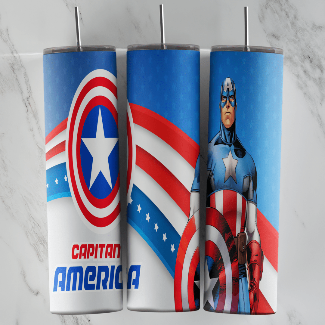 A 20 oz skinny tumbler wrap with the shield, red and white stripes, a star band, Capitan America lettering and Captain America. Sublimation design