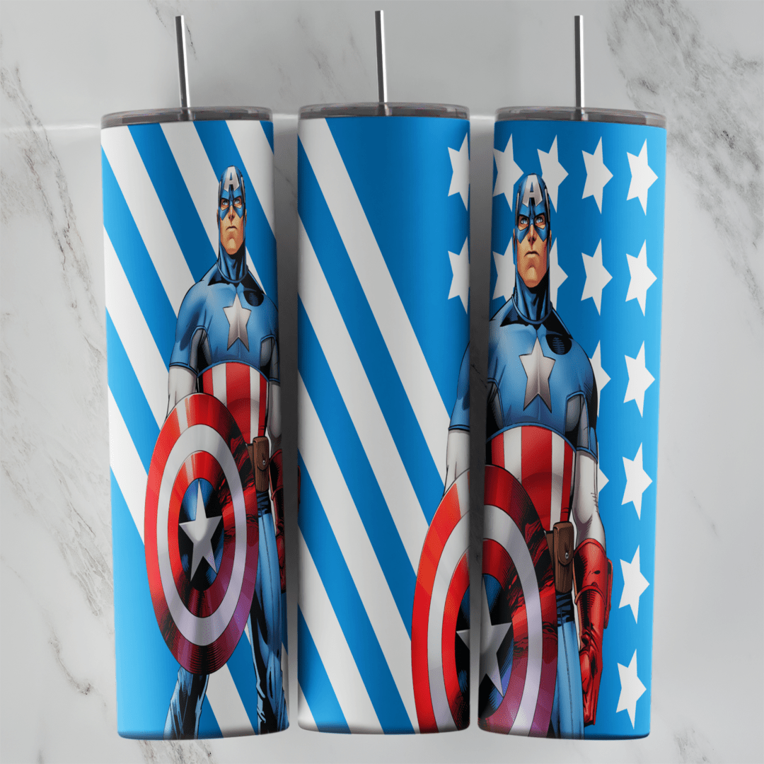 A 20 oz skinny tumbler wrap with blue and white diagonal stripes and white stars, with Captain America holding his shield on both. Sublimation design