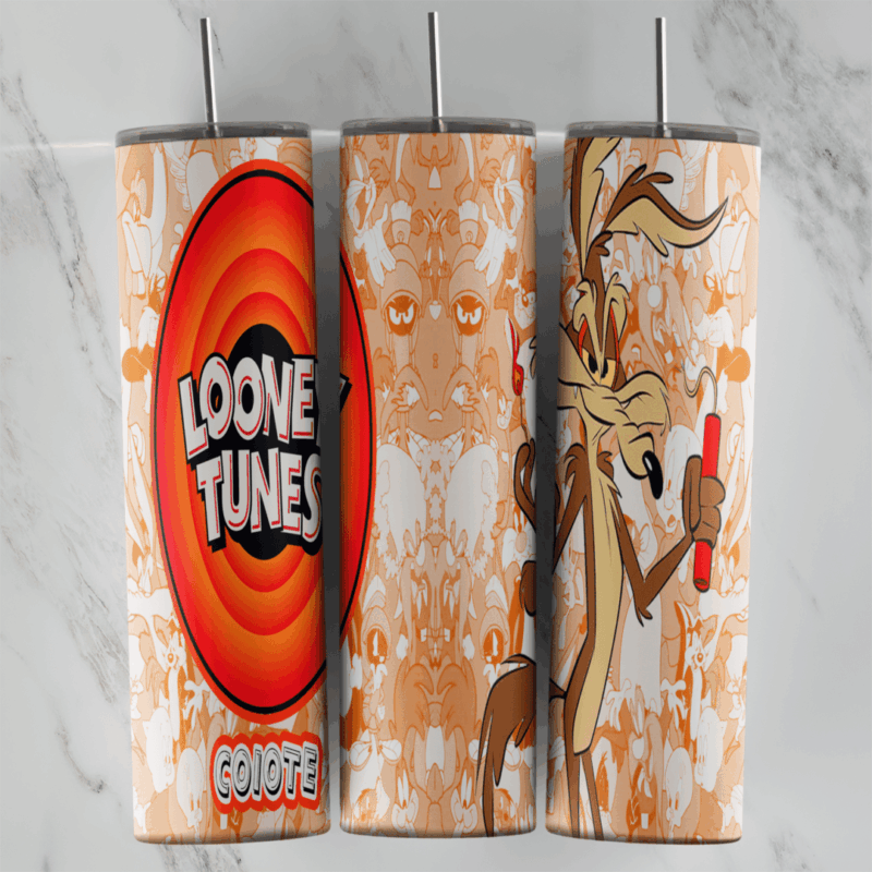 A 20 oz skinny tumbler wrap in peach and orange with Wile E. Coyote holding dynamite, the Looney Tunes logo and Coiote lettering. Sublimation design
