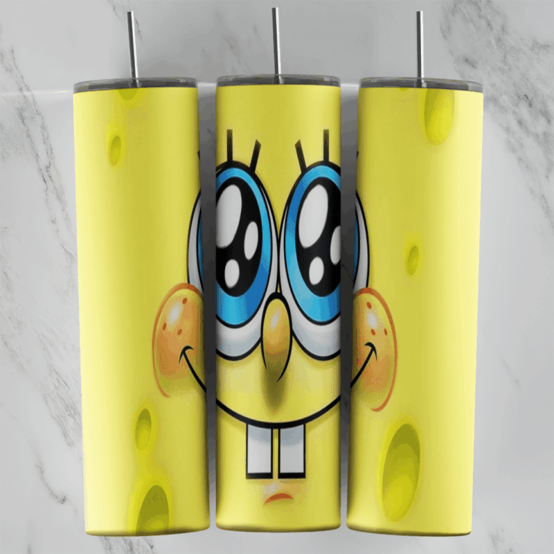 A SpongeBob tumbler wrap showing a close up cute face with huge sparkling blue eyes, blushing cheeks and two front teeth. Sublimation design