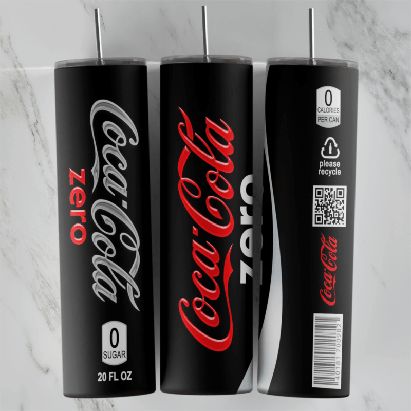 A full 20 oz skinny tumbler wrap styled as a black Coca Cola Zero can: Coca Cola script logos, 0 Sugar and 0 Calories panels. Sublimation design