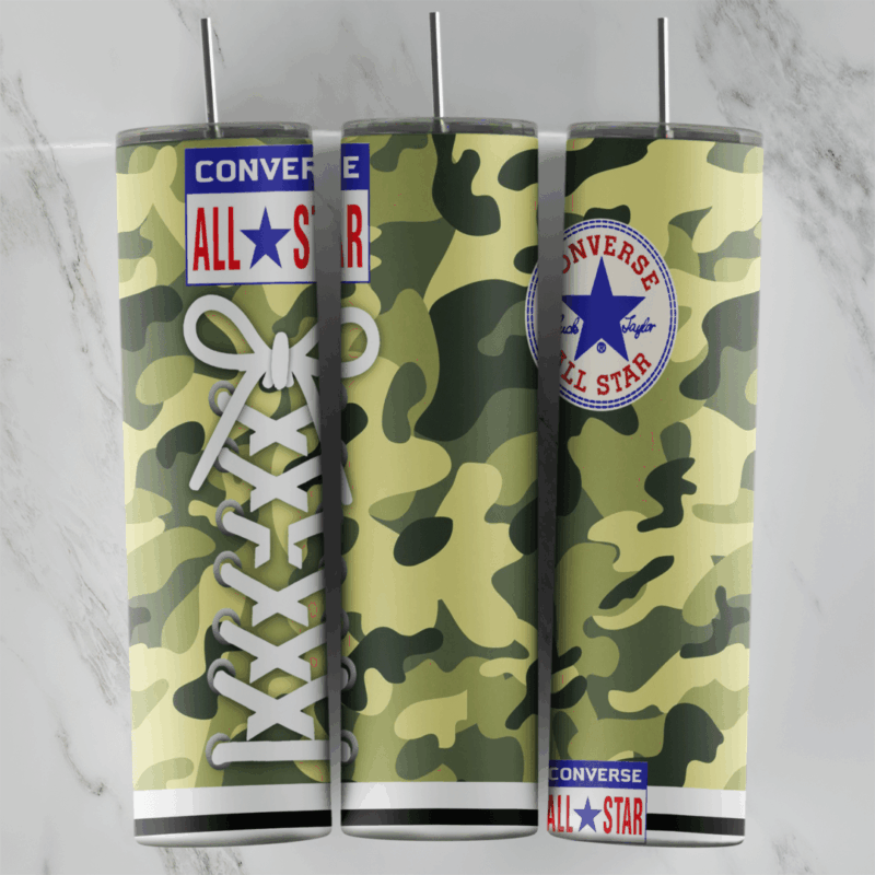 A full 20 oz skinny tumbler wrap styled as a green camouflage Converse high top with white laces, the All Star label and the star. Sublimation design