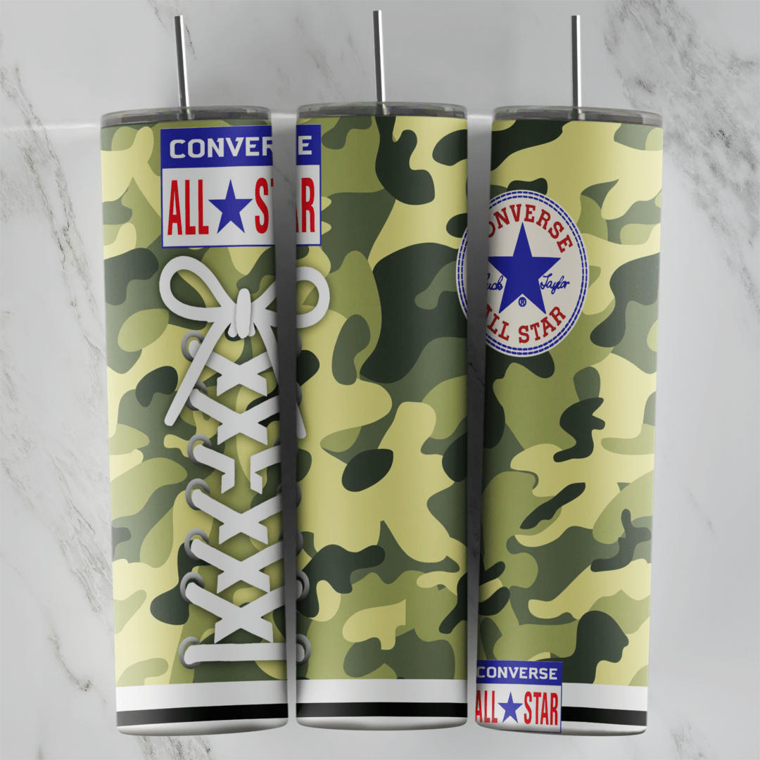A full 20 oz skinny tumbler wrap styled as a green camouflage Converse high top with white laces, the All Star label and the star. Sublimation design