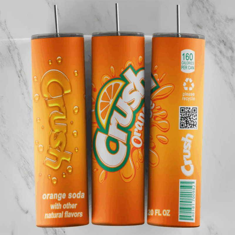 A 20 oz skinny tumbler wrap styled as an orange Crush soda can: the Crush orange logo, orange slice, water droplets, orange soda. Sublimation design