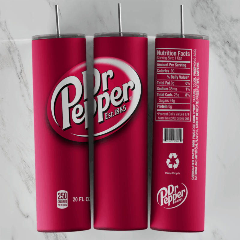 A full 20 oz skinny tumbler wrap styled as a red Dr Pepper can: the Dr Pepper Est. 1885 logo, a nutrition facts panel, a barcode. Sublimation design