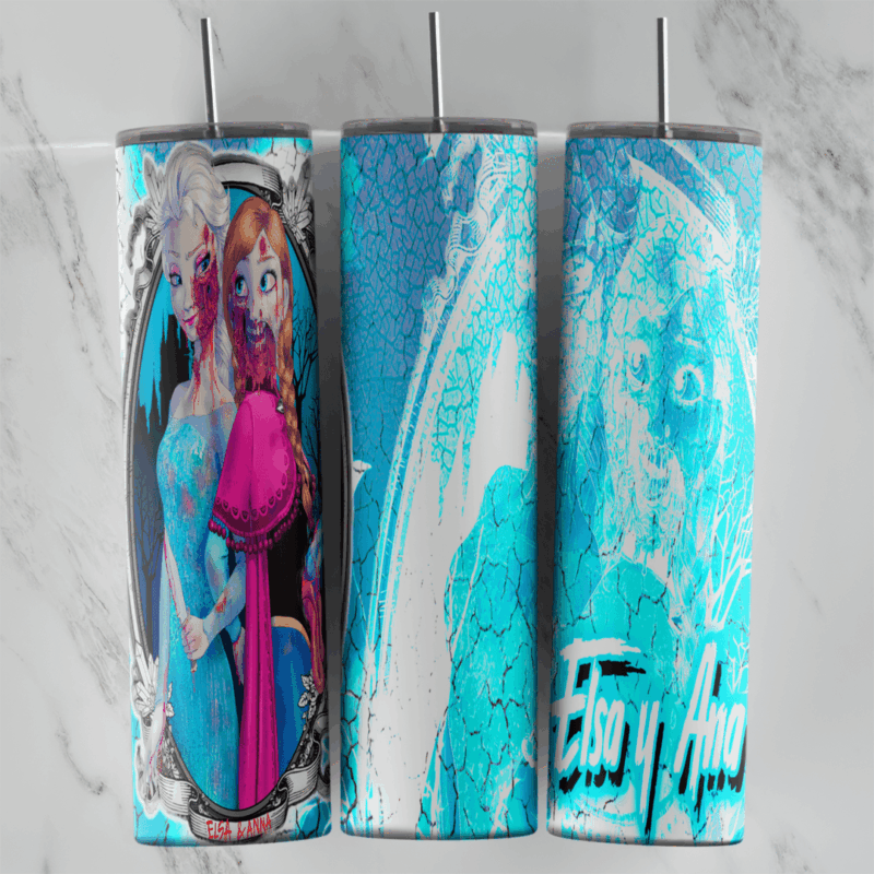 A 20 oz skinny tumbler wrap in turquoise and white brush strokes with Elsa and Anna together in a round frame and Elsa y Anna. Sublimation design