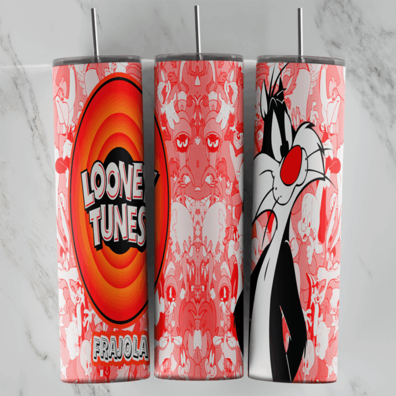 A 20 oz skinny tumbler wrap in pink and red with Sylvester the cat, the Looney Tunes logo, a faded character pattern and Frajola. Sublimation design