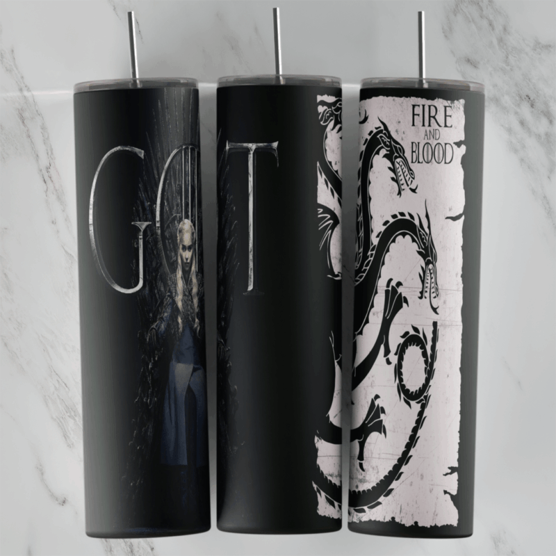 A dark Game of Thrones tumbler wrap: large GOT letters on black and a white panel with the three headed Targaryen dragon sigil. Sublimation design