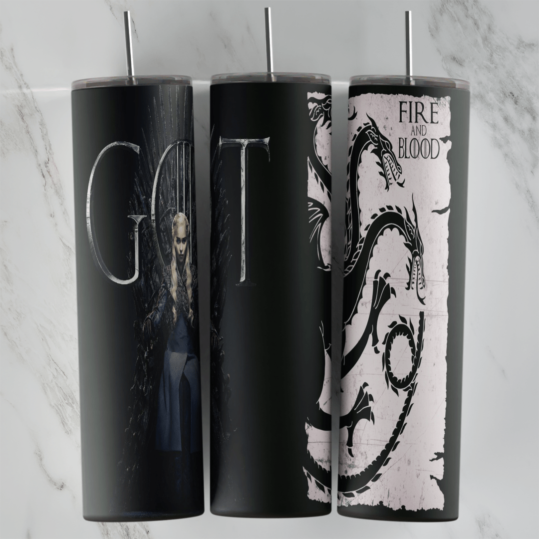 A dark Game of Thrones tumbler wrap: large GOT letters on black and a white panel with the three headed Targaryen dragon sigil. Sublimation design
