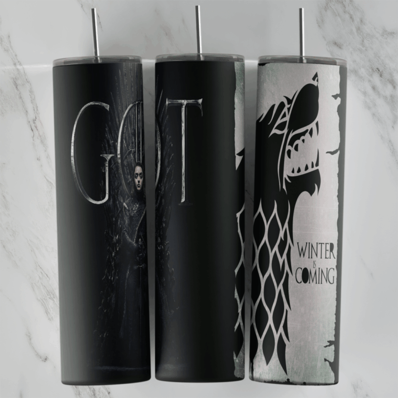 A dark Game of Thrones tumbler wrap: large GOT letters on black and a white panel with the Stark direwolf sigil and Winter Is. Sublimation design