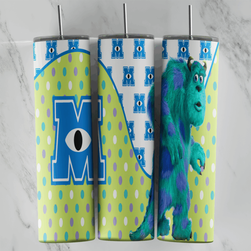 A Monsters Inc tumbler wrap: the blue Monsters Inc M logo on a white panel of small logos, a lime green polka dot background. Sublimation design