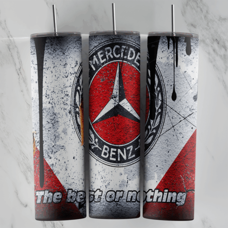 A full 20 oz skinny tumbler wrap with the Mercedes-Benz star in a red and silver ring, grunge white and red panels, black drips. Sublimation design