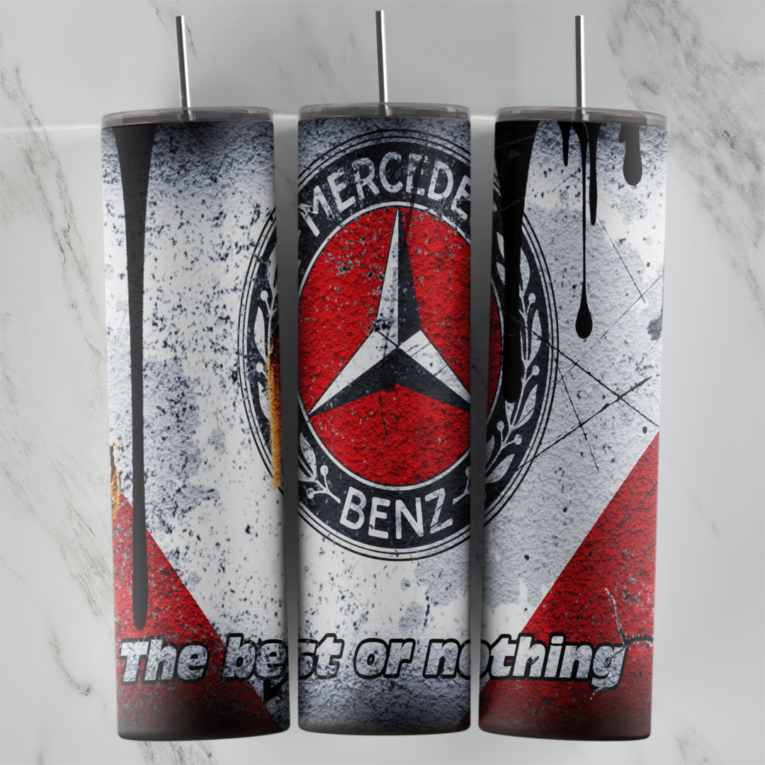 A full 20 oz skinny tumbler wrap with the Mercedes-Benz star in a red and silver ring, grunge white and red panels, black drips. Sublimation design