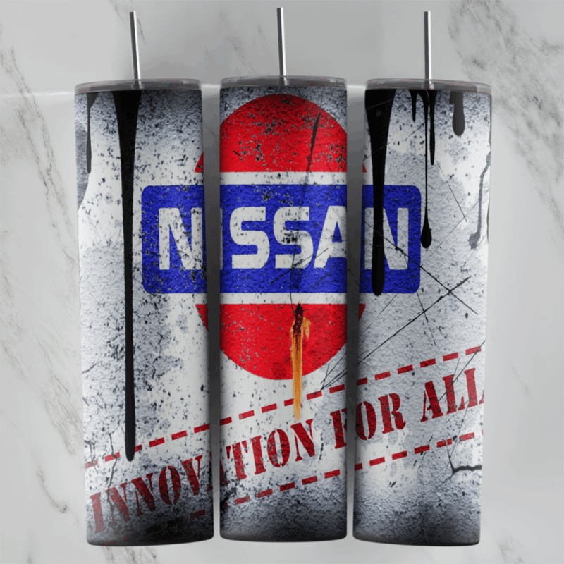 A 20 oz skinny tumbler wrap with the vintage red and blue Nissan logo over a white grunge background, black paint drips. Sublimation design