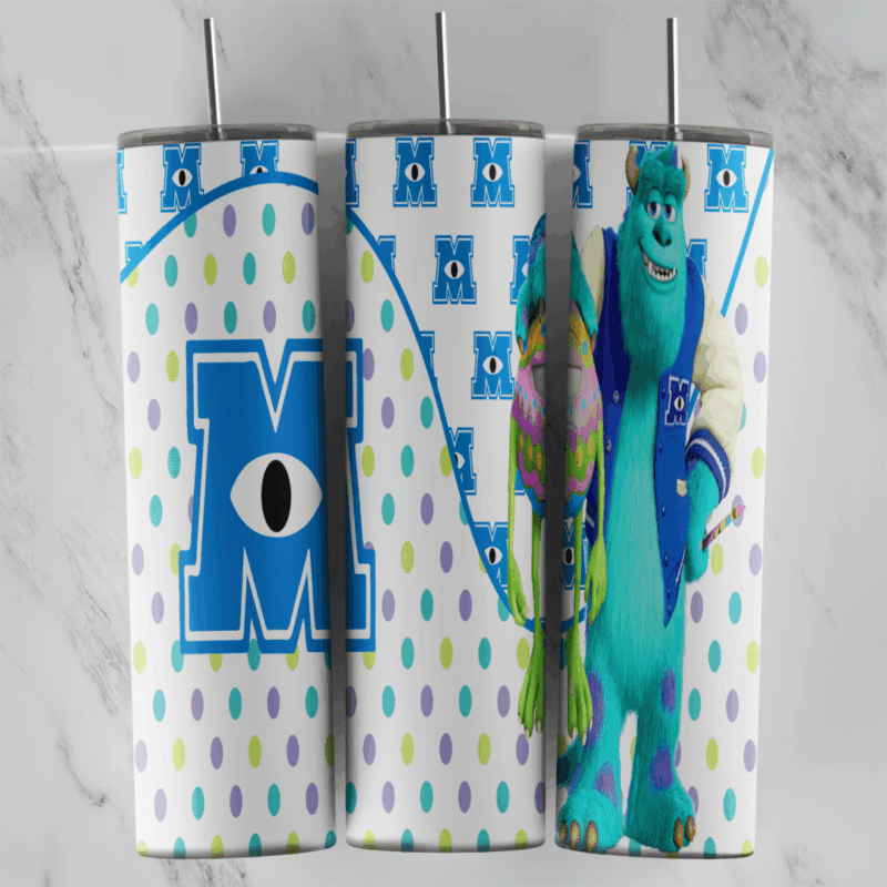 A Monsters Inc tumbler wrap: the blue Monsters Inc M logo on a white panel of small logos, pastel purple, green and blue dots. Sublimation design