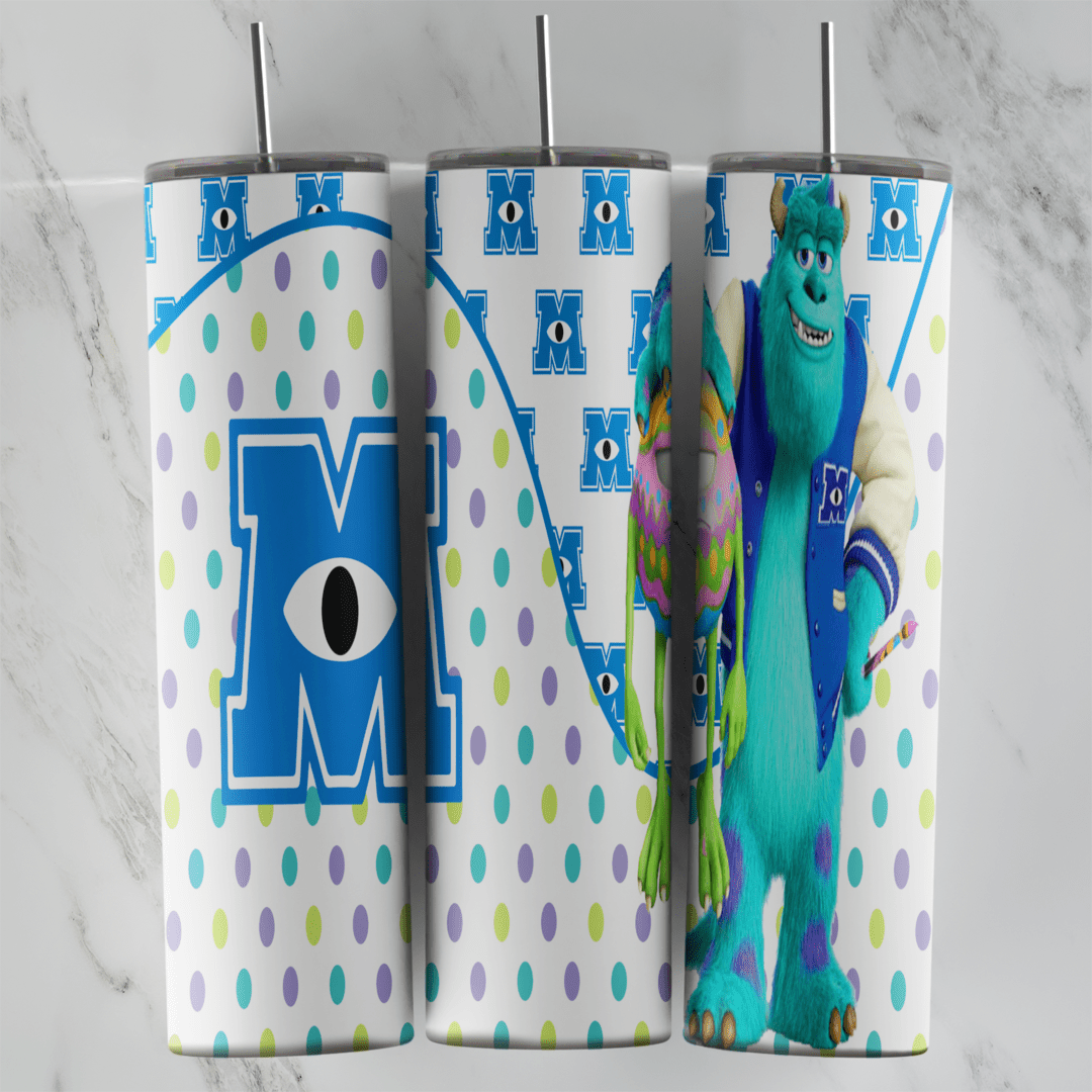A Monsters Inc tumbler wrap: the blue Monsters Inc M logo on a white panel of small logos, pastel purple, green and blue dots. Sublimation design