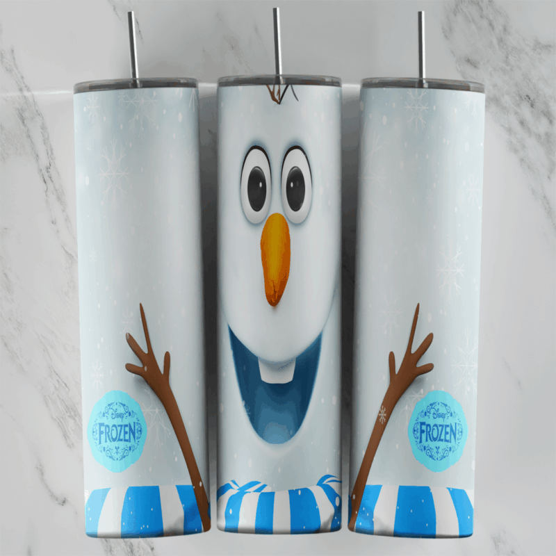 A 20 oz skinny tumbler wrap with a big smiling Olaf face, twig arms, a carrot nose, small round Frozen badges and a blue striped. Sublimation design