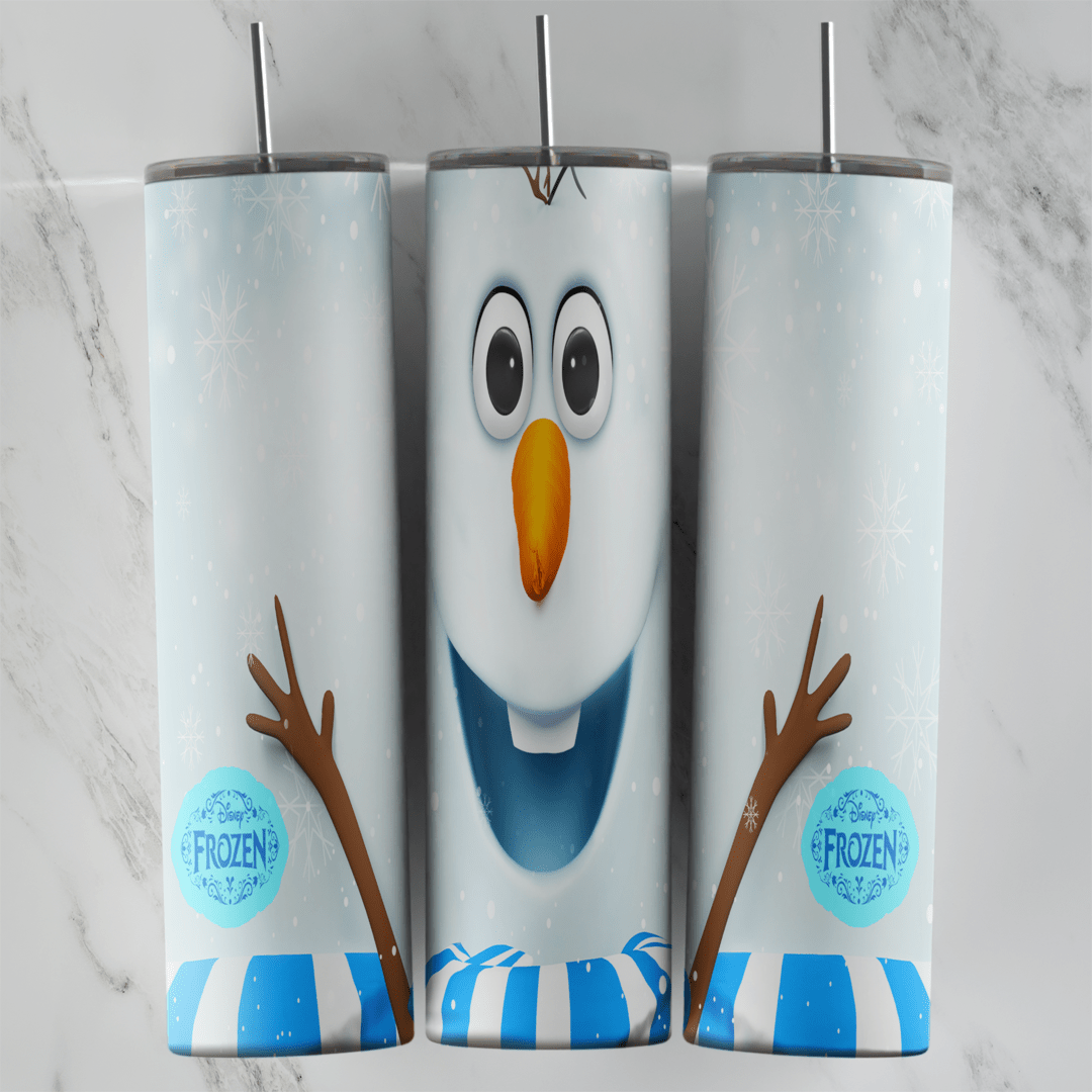 A 20 oz skinny tumbler wrap with a big smiling Olaf face, twig arms, a carrot nose, small round Frozen badges and a blue striped. Sublimation design