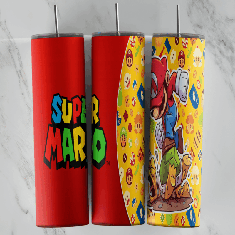 A 20 oz skinny tumbler wrap with the colorful Super Mario logo on red and Mario jumping over a yellow panel filled with small. Sublimation design
