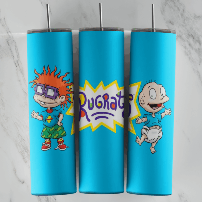 A full 20 oz skinny tumbler wrap on plain turquoise with the purple Rugrats logo between Chuckie and Tommy. Sublimation design