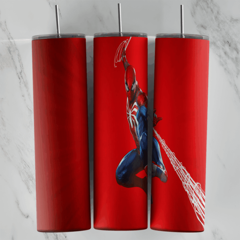 A minimalist 20 oz skinny tumbler wrap in solid red with one small Spider-Man shooting a long white web line across the side. Sublimation design