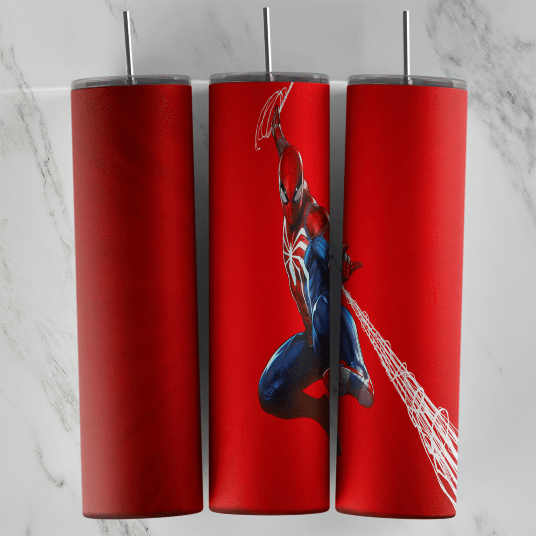 A minimalist 20 oz skinny tumbler wrap in solid red with one small Spider-Man shooting a long white web line across the side. Sublimation design