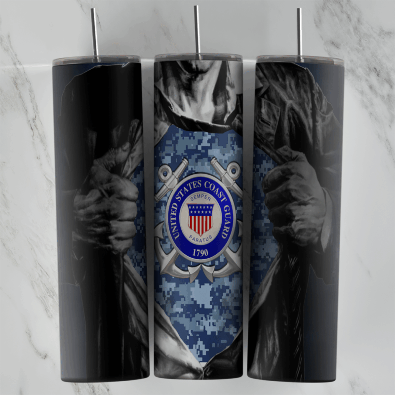 A full 20 oz skinny tumbler wrap with two hands tearing open a dark shirt to reveal the United States Coast Guard emblem. Sublimation design