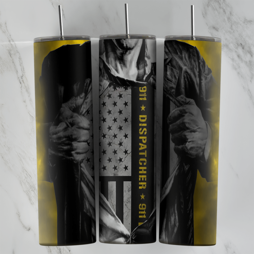 A full 20 oz skinny tumbler wrap with two hands tearing open a dark shirt to reveal a grey American flag with 911 Dispatcher. Sublimation design