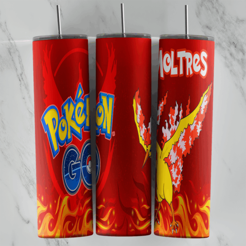 A 20 oz skinny tumbler wrap in red with Moltres spreading its fiery wings, the Pokemon Go logo, the name Moltres and flames along. Sublimation design