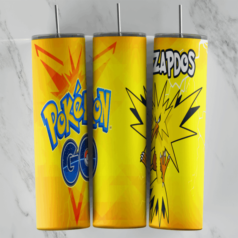 A 20 oz skinny tumbler wrap in yellow with Zapdos and a jagged lightning shape, the Pokemon Go logo and the name Zapdos. Sublimation design