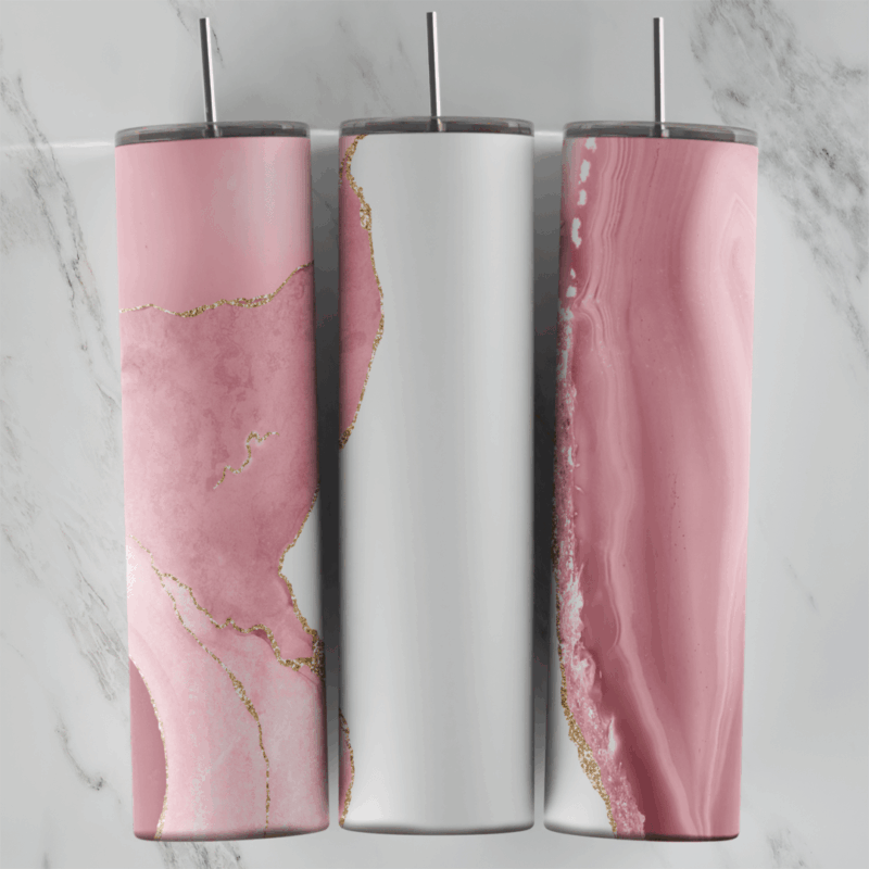 A full 20 oz skinny tumbler wrap with soft blush pink marble, thin gold veins and white space between the pink stone sections. Sublimation design