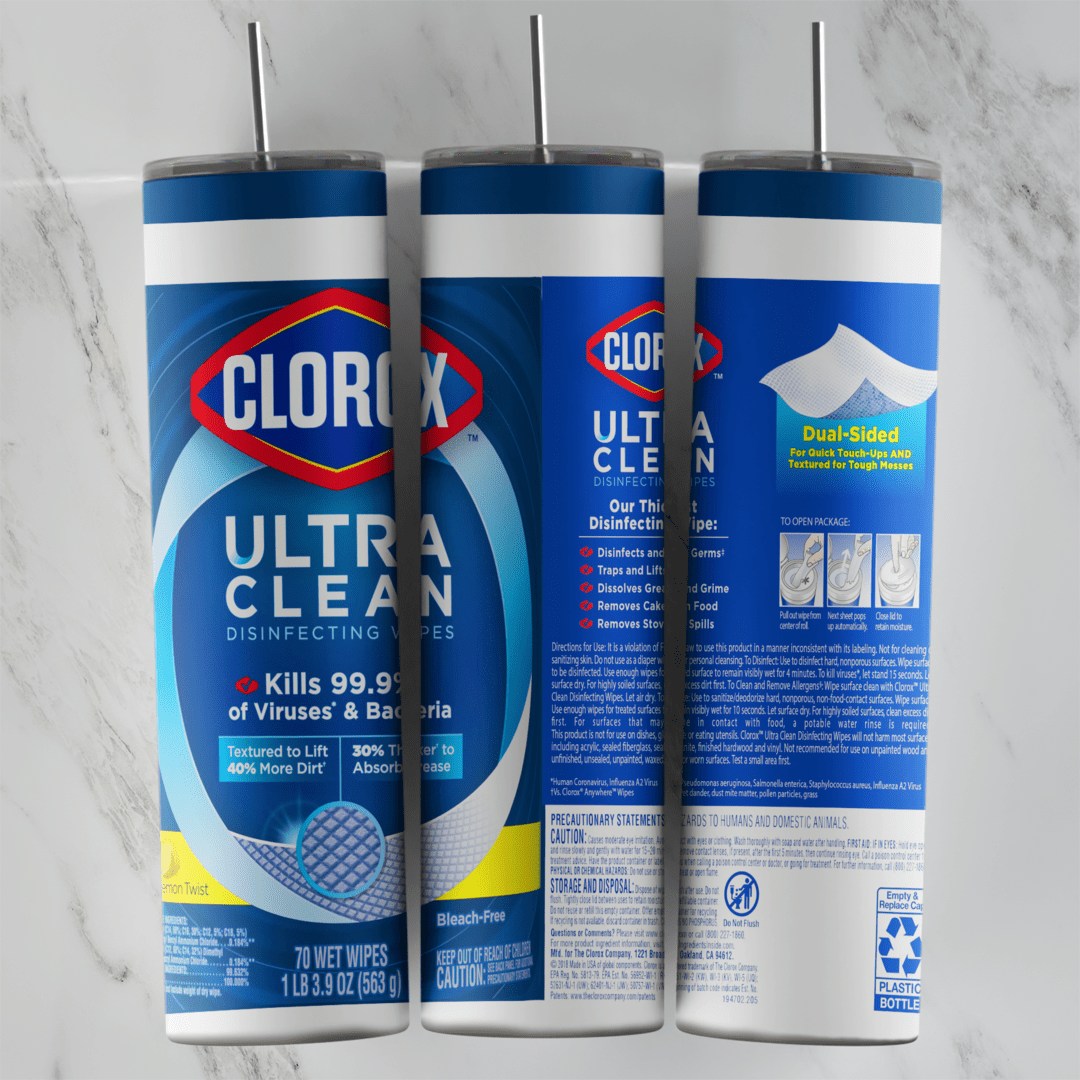 A full 20 oz skinny tumbler wrap styled as a blue Clorox Ultra Clean wipes canister: the Clorox logo, Kills 99.9% of Viruses. Sublimation design