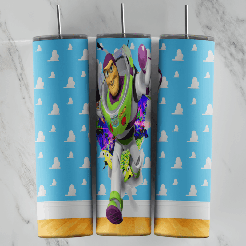 A 20 oz skinny tumbler wrap with Buzz Lightyear breaking out of a cloud print wallpaper, with purple torn edges and a wood strip. Sublimation design