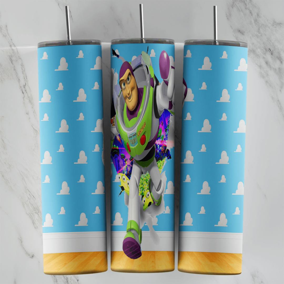 A 20 oz skinny tumbler wrap with Buzz Lightyear breaking out of a cloud print wallpaper, with purple torn edges and a wood strip. Sublimation design