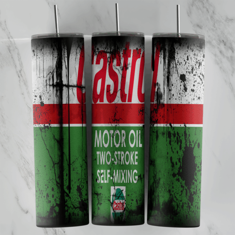 A 20 oz skinny tumbler wrap styled as a Castrol motor oil can: red Castrol lettering and a green band with Motor Oil Two-Stroke. Sublimation design